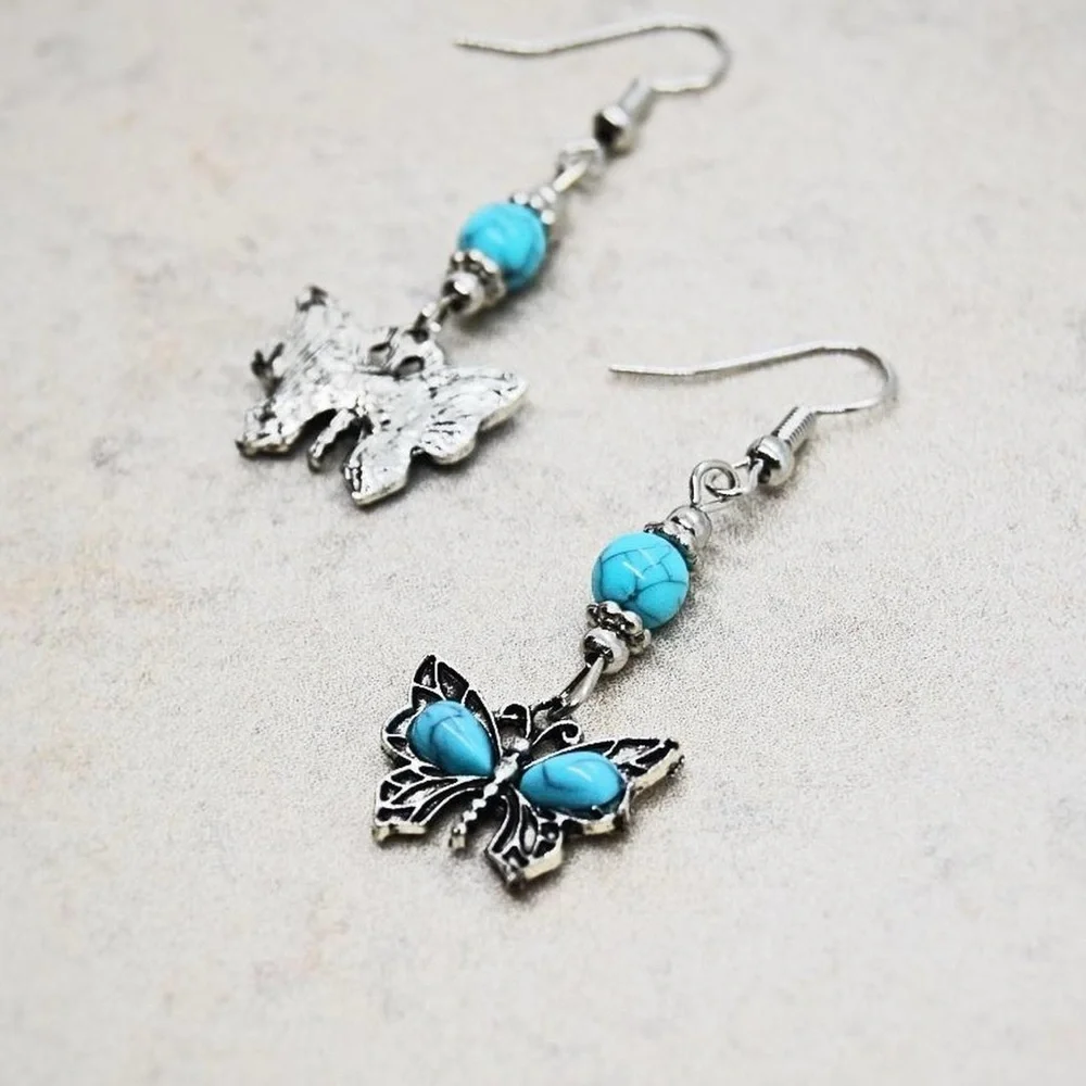 Blue Turquoise Butterfly Dangle Earrings